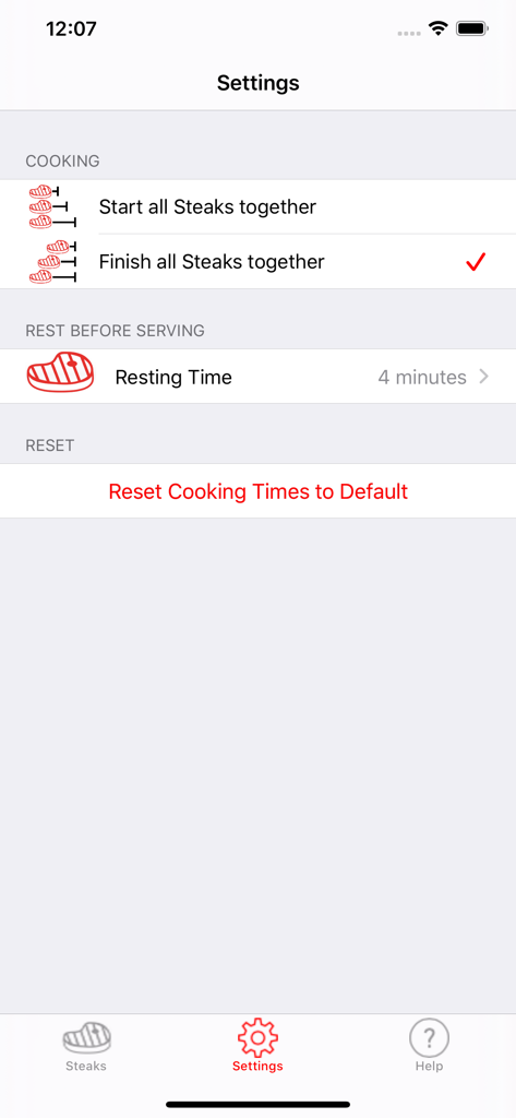 Steak Timer Pro - Settings screen of the Steak Timer Pro app showing options for synchronized cooking and resting time configuration.
