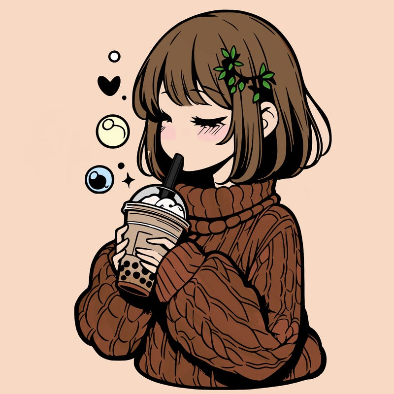 manga girl drinking boba in cozy sweater
