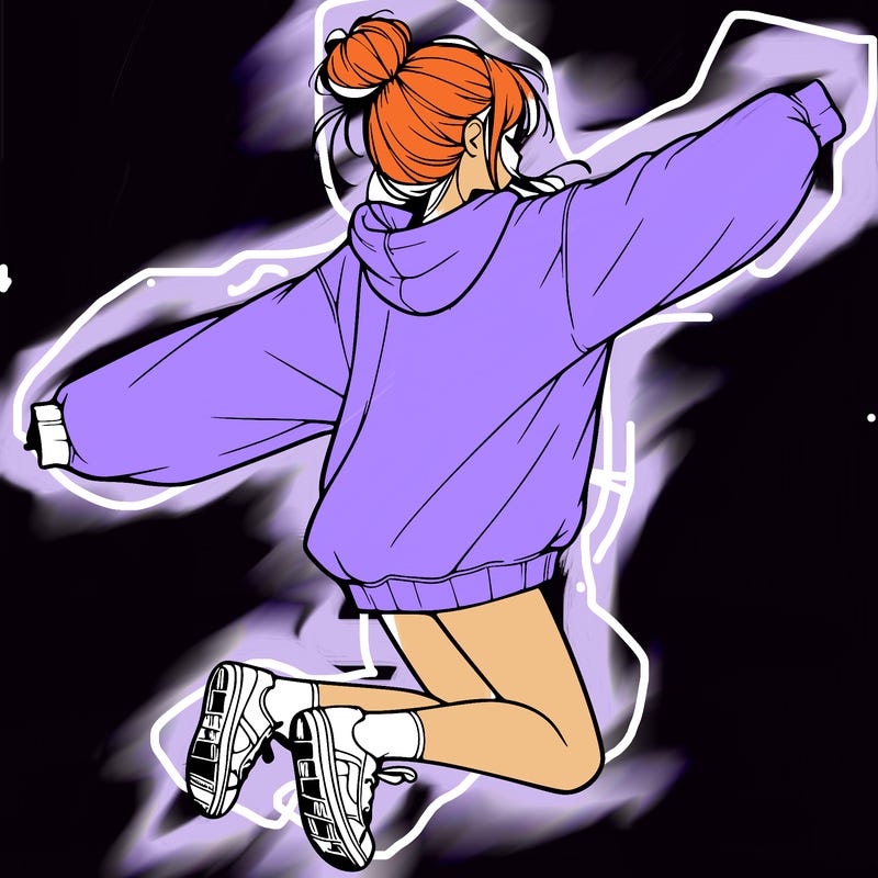 realistic girl jumping with a bun and oversized sweatshirt