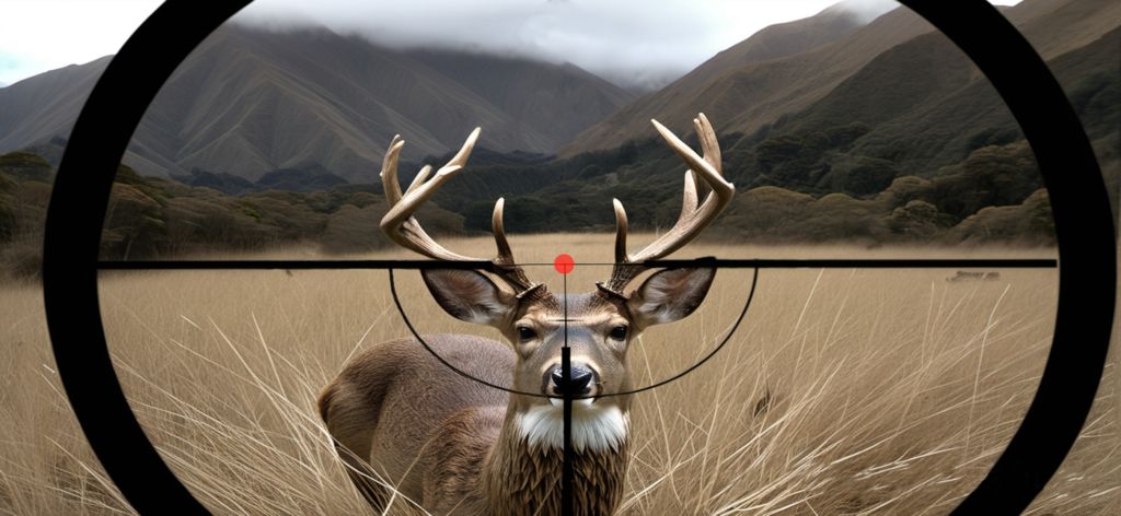 A deer targeted through a precision rifle scope in a mountainous field