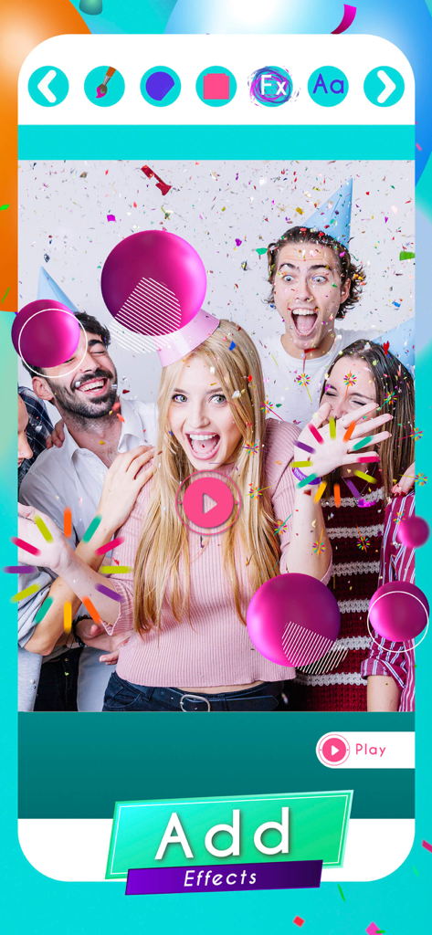 video invitations for birthday - Friends celebrating in a birthday video editor app with 3D animations and confetti effects.