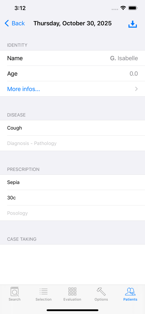 Ein Patientenaktbildschirm in der Boger-Homöopathie-App, der klinische Daten und Verschreibungen zeigt