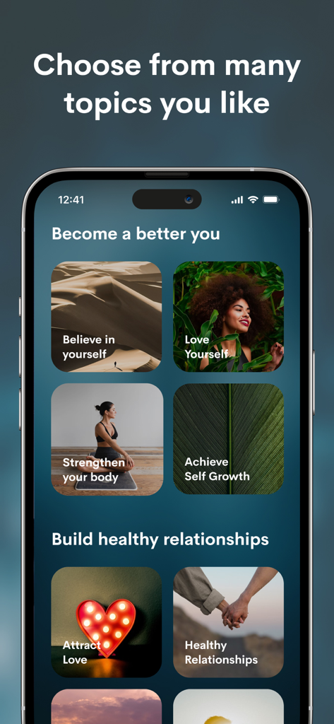 Manifest - Daily Affirmations - Pantalla de la aplicación Manifest que muestra categorías de afirmaciones diarias para el amor propio y el crecimiento.