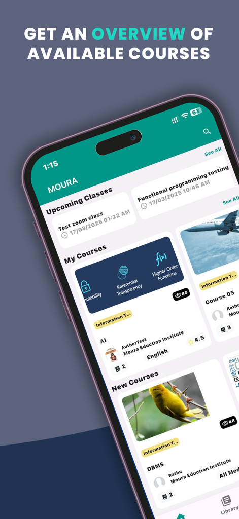 Moura Education - Moura Educationモバイルアプリのダッシュボード。利用可能なコースとスケジュールされたクラスが表示されています。
