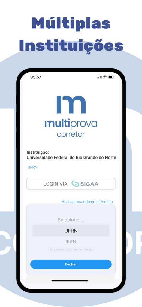 Multiprova Corretor - Login screen of the Multiprova Corretor app showing the institution selection menu for educators.