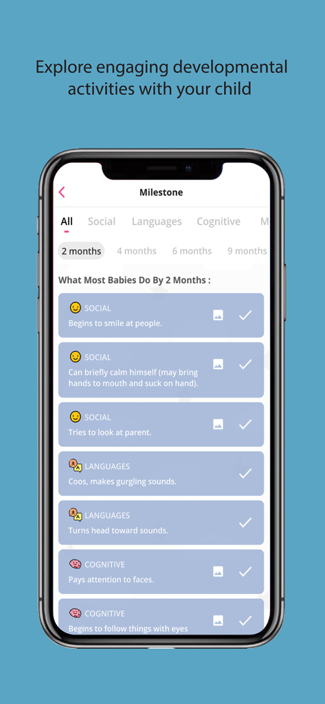 MyVTech Baby Pro - MyVTech Baby Pro app showing a checklist for infant developmental milestones and activities