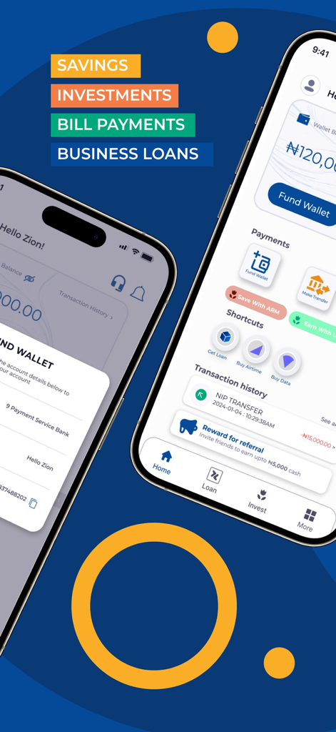 Trade Lenda mobile App-Oberfläche mit Geschäftsdarlehen und Spar-Dashboard auf zwei Smartphones