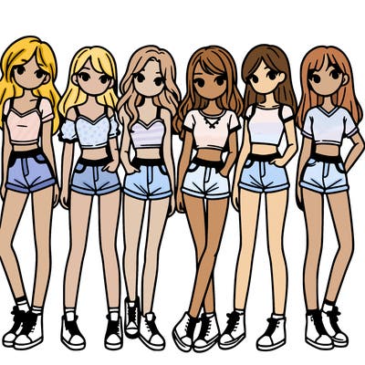 a group of girls wearing crop tops and shorts