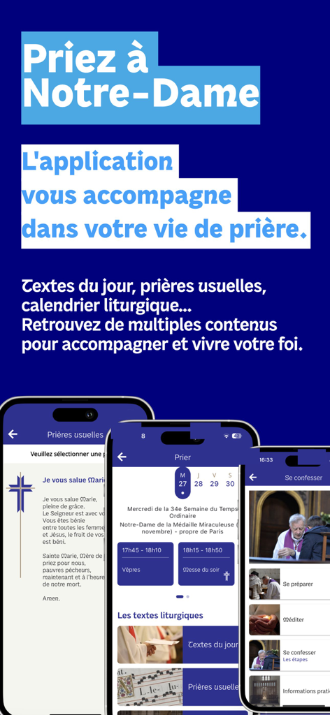 Cathédrale Notre-Dame de Paris - Screenshots of the Notre Dame de Paris app showing daily prayer texts, a liturgical calendar, and confession guides.