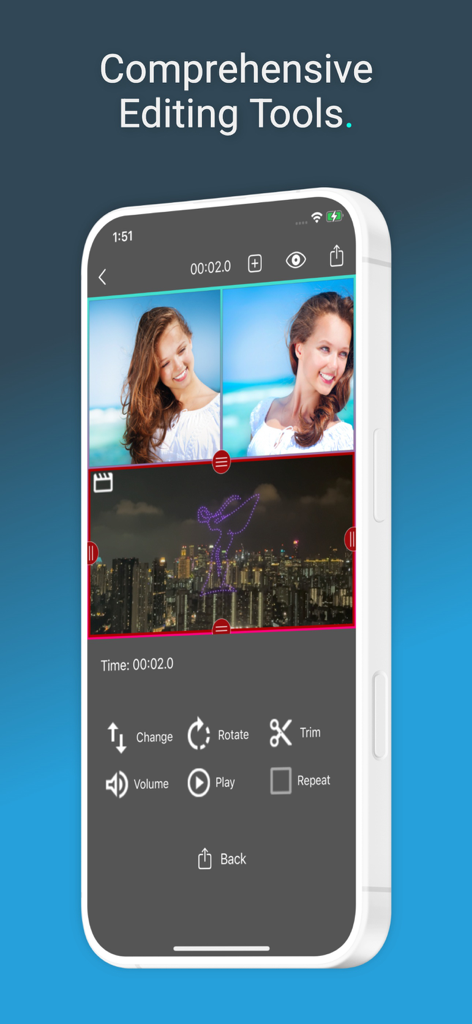 Video Collage Maker: Pic Mix - A smartphone displaying the editing interface of Video Collage Maker with tools for trimming, rotating, and adjusting volume in a video collage.