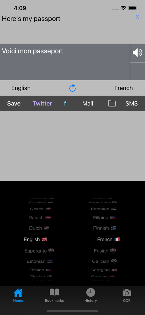 Oberfläche der Übersetzer-App, die die Übersetzung von Englisch nach Französisch und ein Rad zur Sprachauswahl zeigt