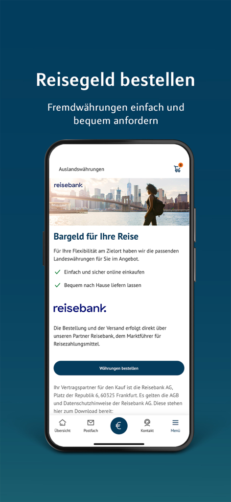 MLP Banking - MLP Banking App-Oberfläche zur Bestellung von Fremdwährungen für Reisen über die Reisebank