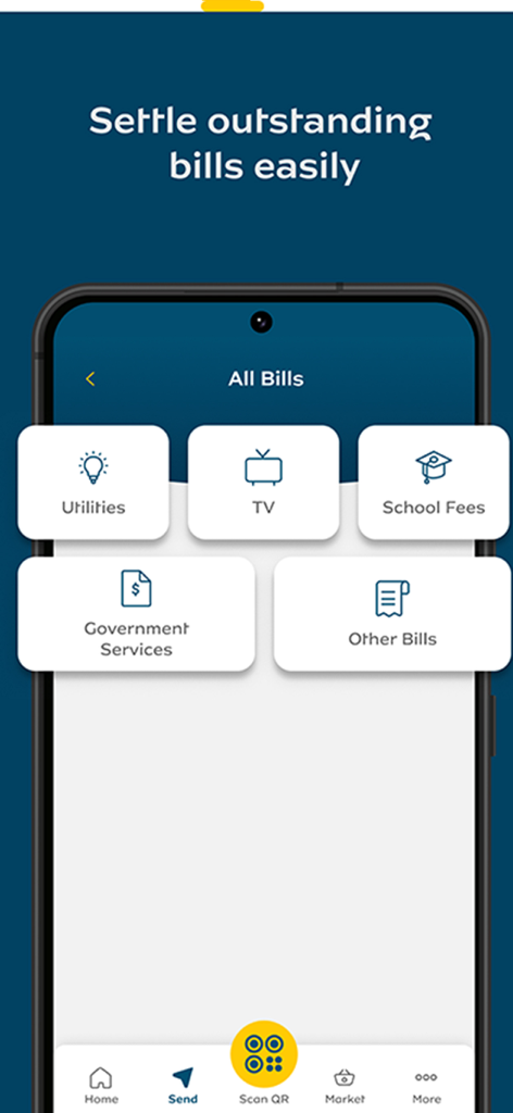 MoMo App - Interfaz de la aplicación MoMo para liquidar facturas como servicios públicos y cuotas escolares