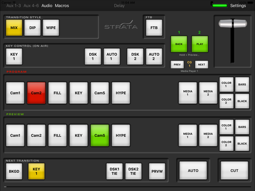 Strata Pro - Interface of the Strata Pro app on an iPad showing control buttons for professional video switching