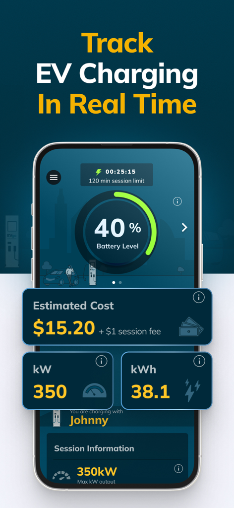 EVgo - Find a Fast EV Charger - EVgo app interface showing real time charging progress with battery percentage, estimated cost, and charging speed