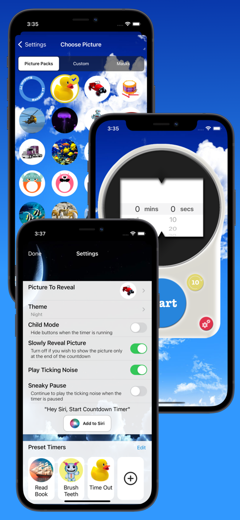 Visual Countdown Timer - Screenshots of the Visual Countdown Timer app showing settings, customizable picture packs, and preset routine timers for children.