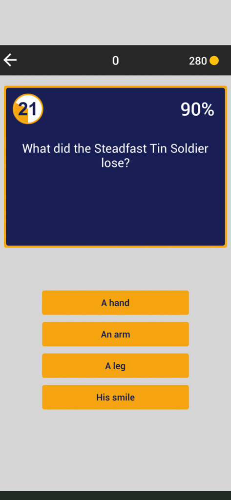 The 1% Club - Gameplay screenshot of The 1 Percent Club app showing a logic question about the Steadfast Tin Soldier with multiple choice options.
