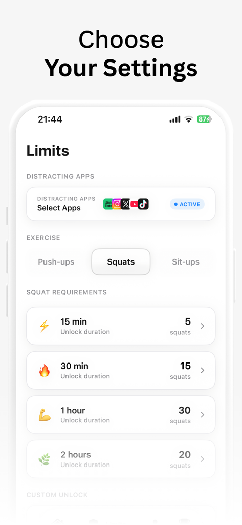 PushUp Time app interface showing settings for exercise requirements like squats to unlock distracting social media apps