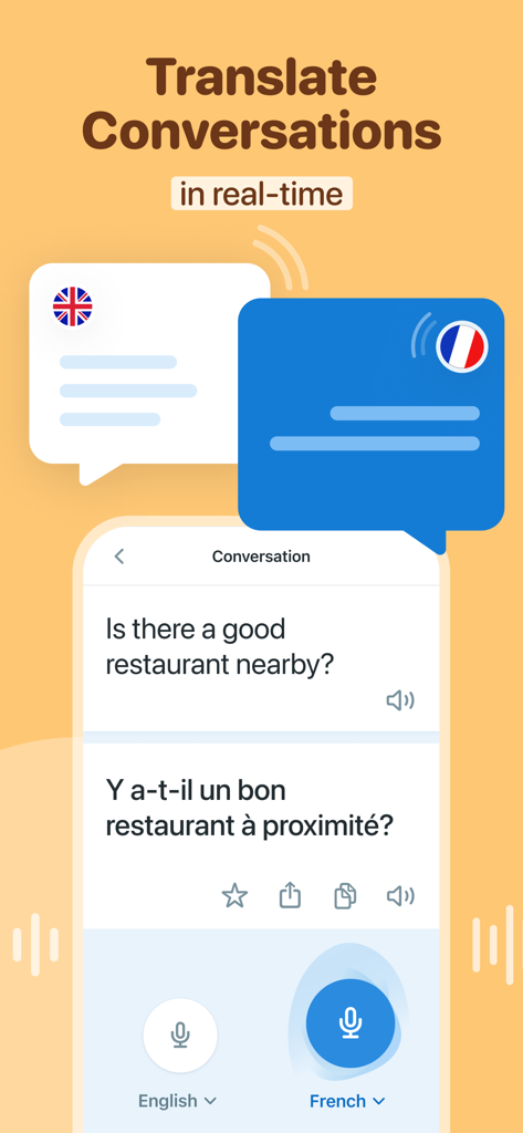 Interface showing a real-time voice translation of a conversation between English and French.