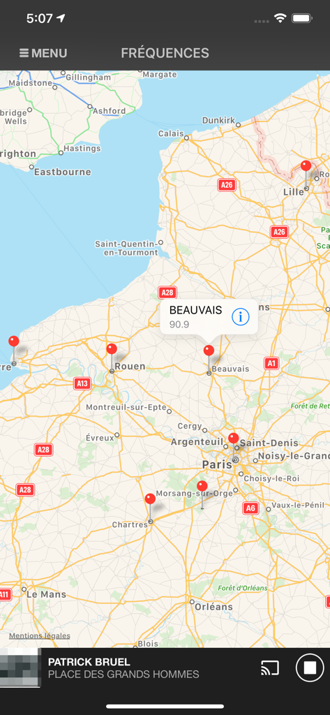 Map of France showing radio frequency locations for the Chante France mobile app