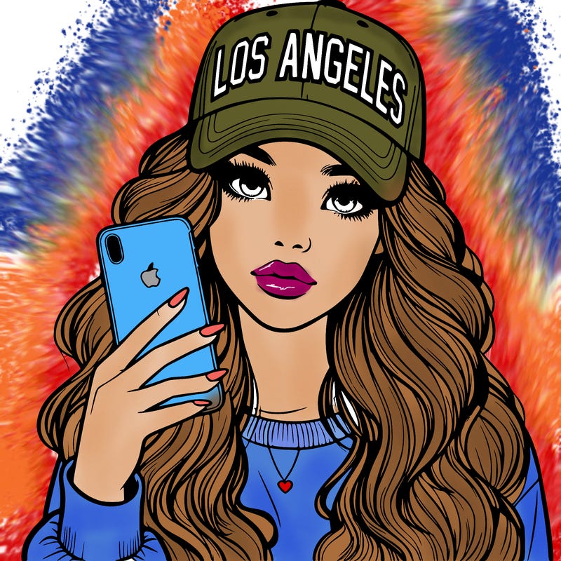 realistic beautiful girl wearing los ángeles cap holding an iphone