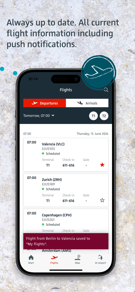 BER Airport App-Oberfläche, die eine Liste abfliegender Flüge und eine Push-Benachrichtigung für einen gespeicherten Flug anzeigt
