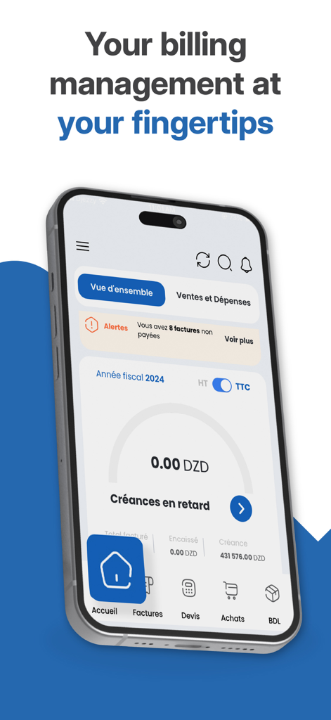 Tableau de bord de l'application Fatoura Mobile montrant un aperçu de la facturation et des rapports financiers sur un iPhone