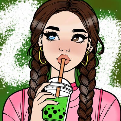 realistic girl with braided hair drinking boba