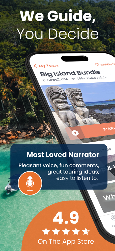 Big Island Hawaii Gypsy Guide - Interfaccia dell'app Big Island Hawaii Gypsy Guide che mostra una valutazione di 4.9 e statue tiki costiere.