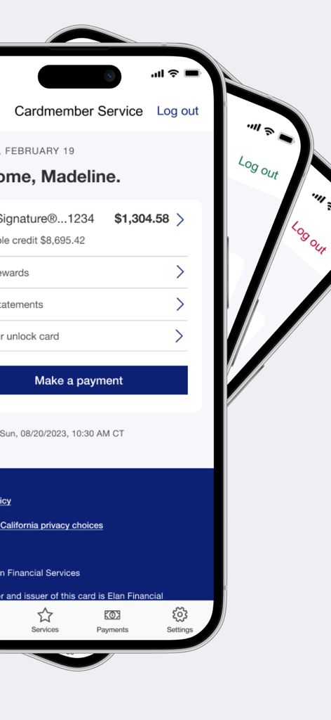 Painel móvel do aplicativo Elan Credit Card mostrando saldo da conta e opções de pagamento.