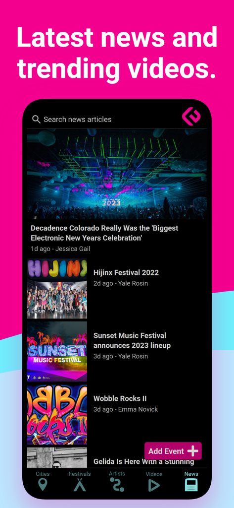 La sección de noticias y videos de tendencia de la aplicación Edmtrain que muestra varios artículos sobre festivales de EDM.