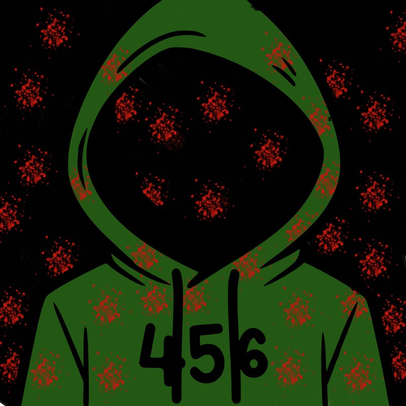 a person with non face waering a hoodie with a 456 symbol
