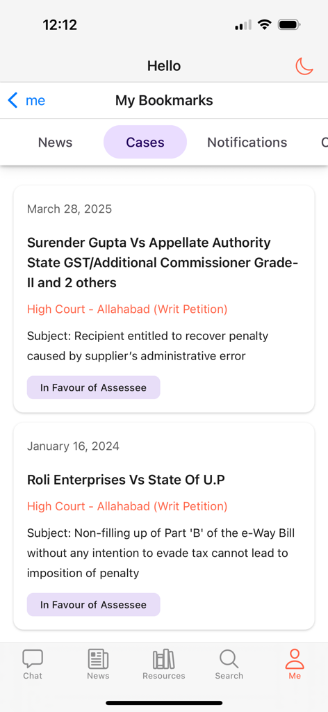 Capture d'écran de l'application GST Press montrant les affaires juridiques mises en signet dans la section Mes Signets.