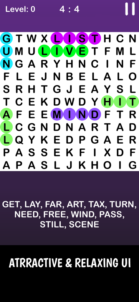Infinte Crossword Puzzle Game - Pantalla de jugabilidad del Juego de Crucigrama Infinito que muestra una cuadrícula de búsqueda de palabras y una lista de palabras para encontrar.