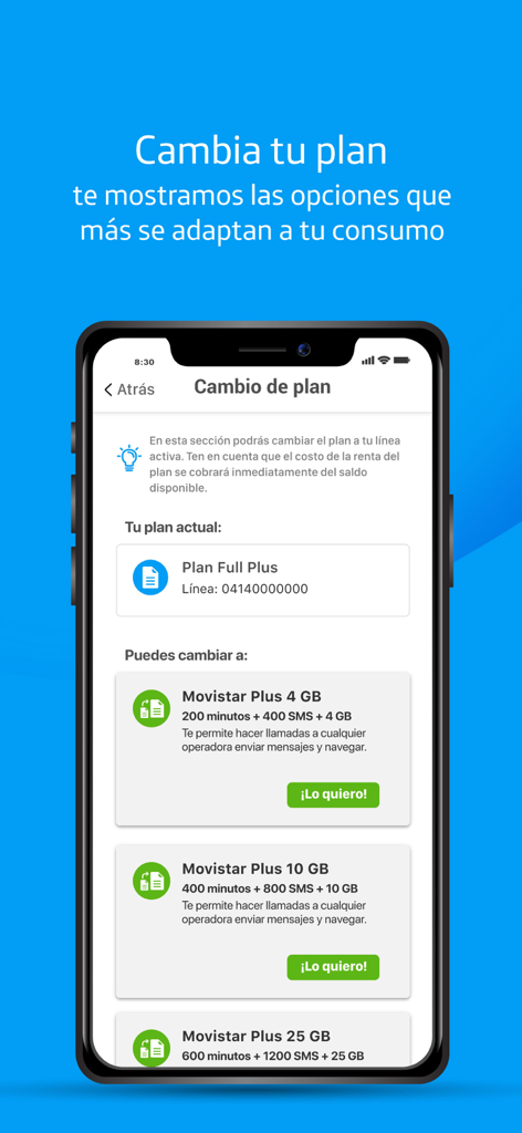 Ein mobiler Bildschirm, der die Planwechseloberfläche innerhalb der Mi Movistar Venezuela App mit verschiedenen Daten- und Anrufoptionen zeigt.