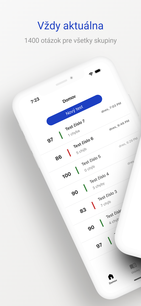 Driving Licence Theory - 運転免許学科試験アプリに、完了した練習テストとスコアのリストが表示されている様子