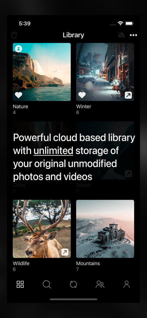 Photos+ Cloud Library - Photos Plus Cloud Library app displaying photo albums with unlimited storage message