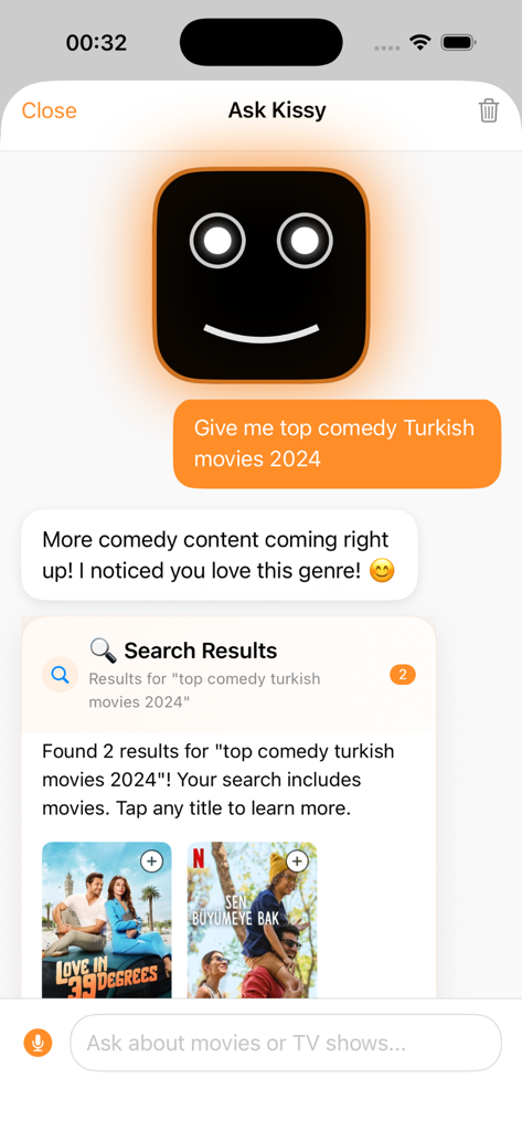 Kiss AI chat interface showing the Kissy assistant providing Turkish comedy movie recommendations for 2024