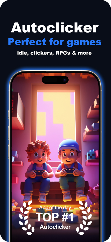 Autoclicker: Best Tap tools - Captura de tela promocional do aplicativo Autoclicker mostrando recursos de automação de jogos e selo de melhor classificação.