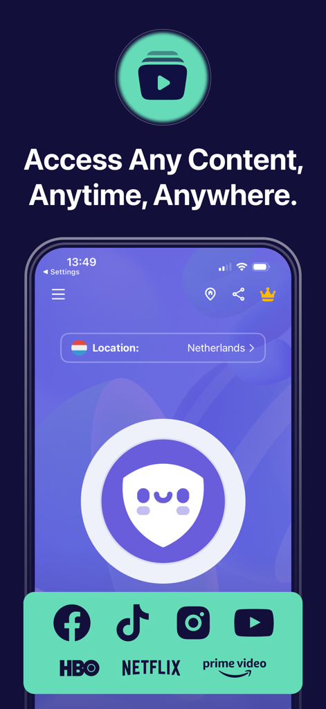 PrimeVPN - Fast & Secure VPN - Interfaz de la aplicación móvil PrimeVPN mostrando la selección de ubicación de servidor para los Países Bajos y servicios de streaming compatibles como Netflix y YouTube