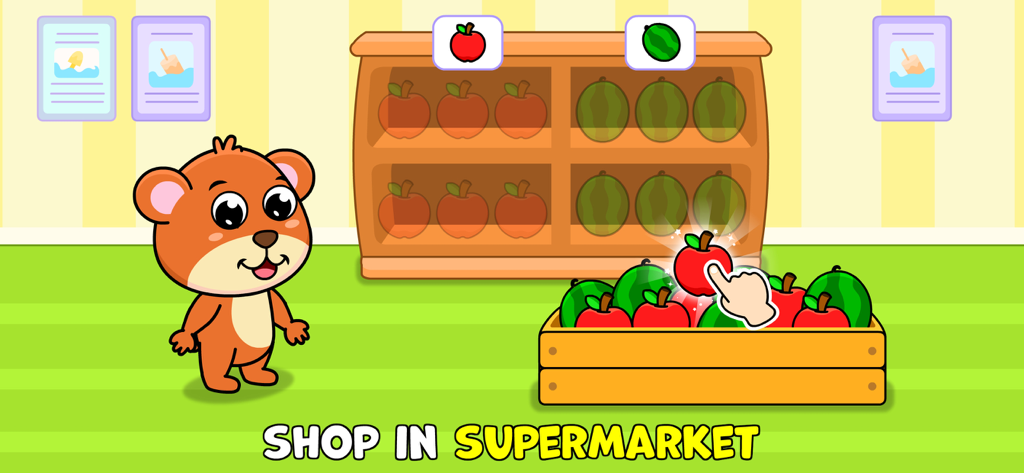 Toddler Educational Games - A cartoon bear character shopping for apples and watermelons in a supermarket educational game scene