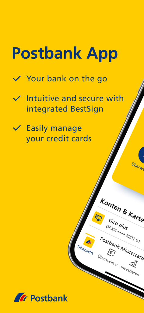 Postbankアプリの画面、統合されたBestSignセキュリティやクレジットカード管理などの機能が表示されています。