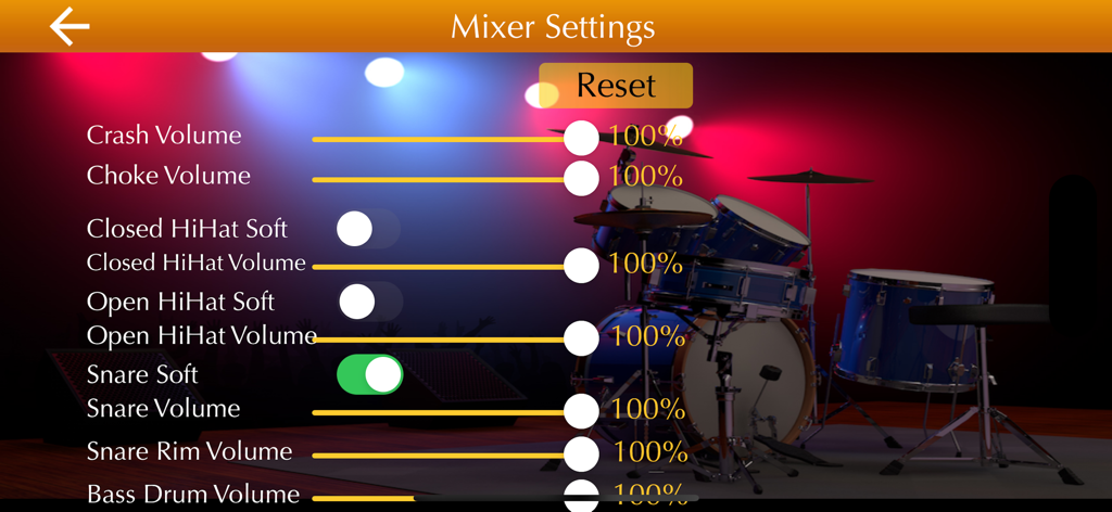 Learn Drums - Drum Kit Beats - Mixer settings interface for adjusting drum volume and sensitivity in Learn Drums app.