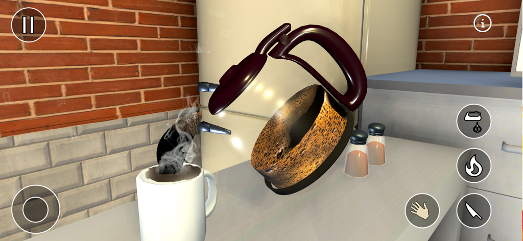 Una escena de simulación en 3D que muestra café vertiéndose de una jarra de vidrio en una taza con efectos de vapor realistas en un entorno de cocina