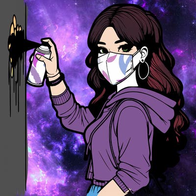 realistic girl with mask spray painting a wall