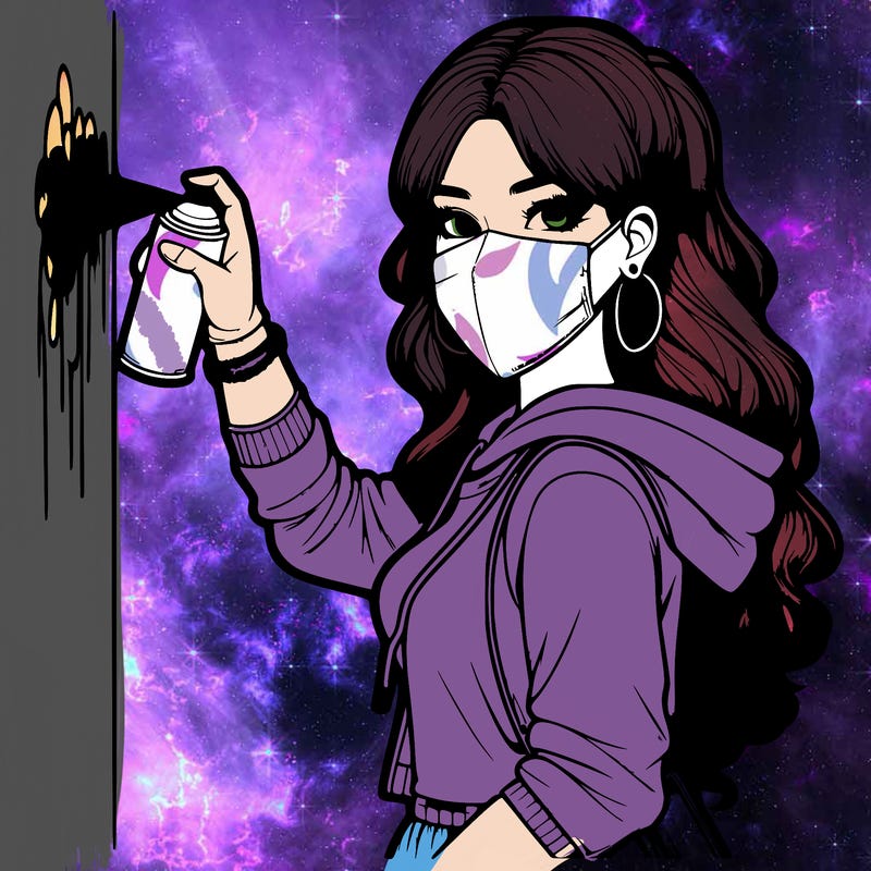 realistic girl with mask spray painting a wall