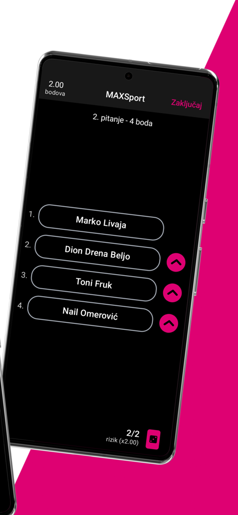 MAXSport Kviz - Smartphone displaying the MAXSport Kviz interactive sports trivia interface with multiple choice player names.