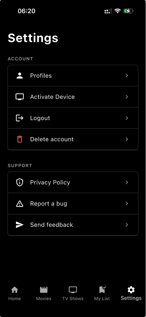 Play It Loud - Settings screen of the Play It Loud app showing account and support options
