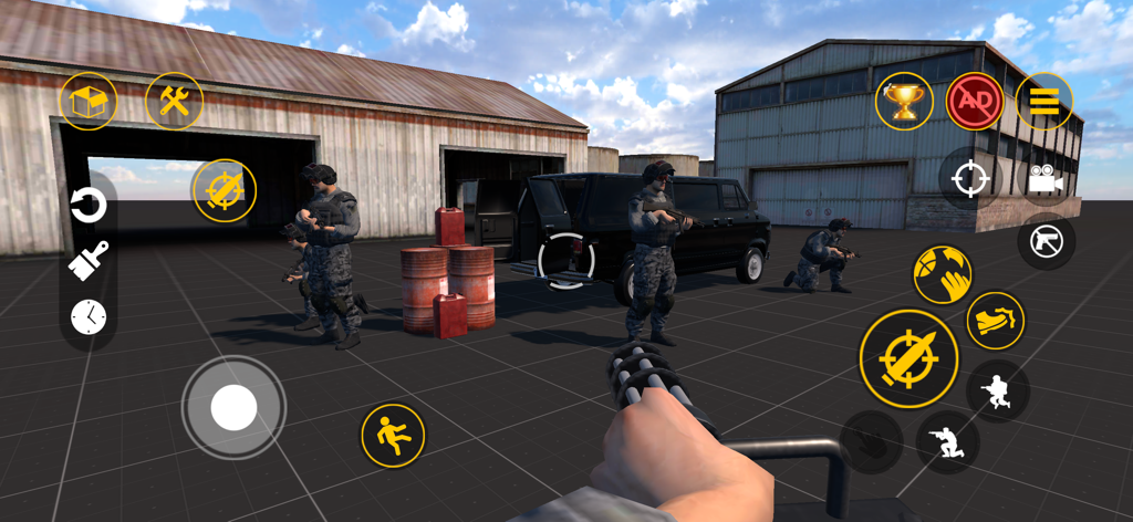 First person view of a player holding a minigun facing soldiers in a warehouse sandbox environment