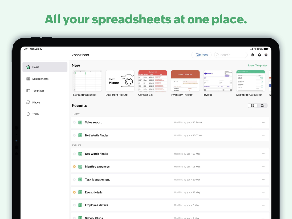 The home screen of Zoho Sheet on iPad featuring spreadsheet templates and a list of recent documents.